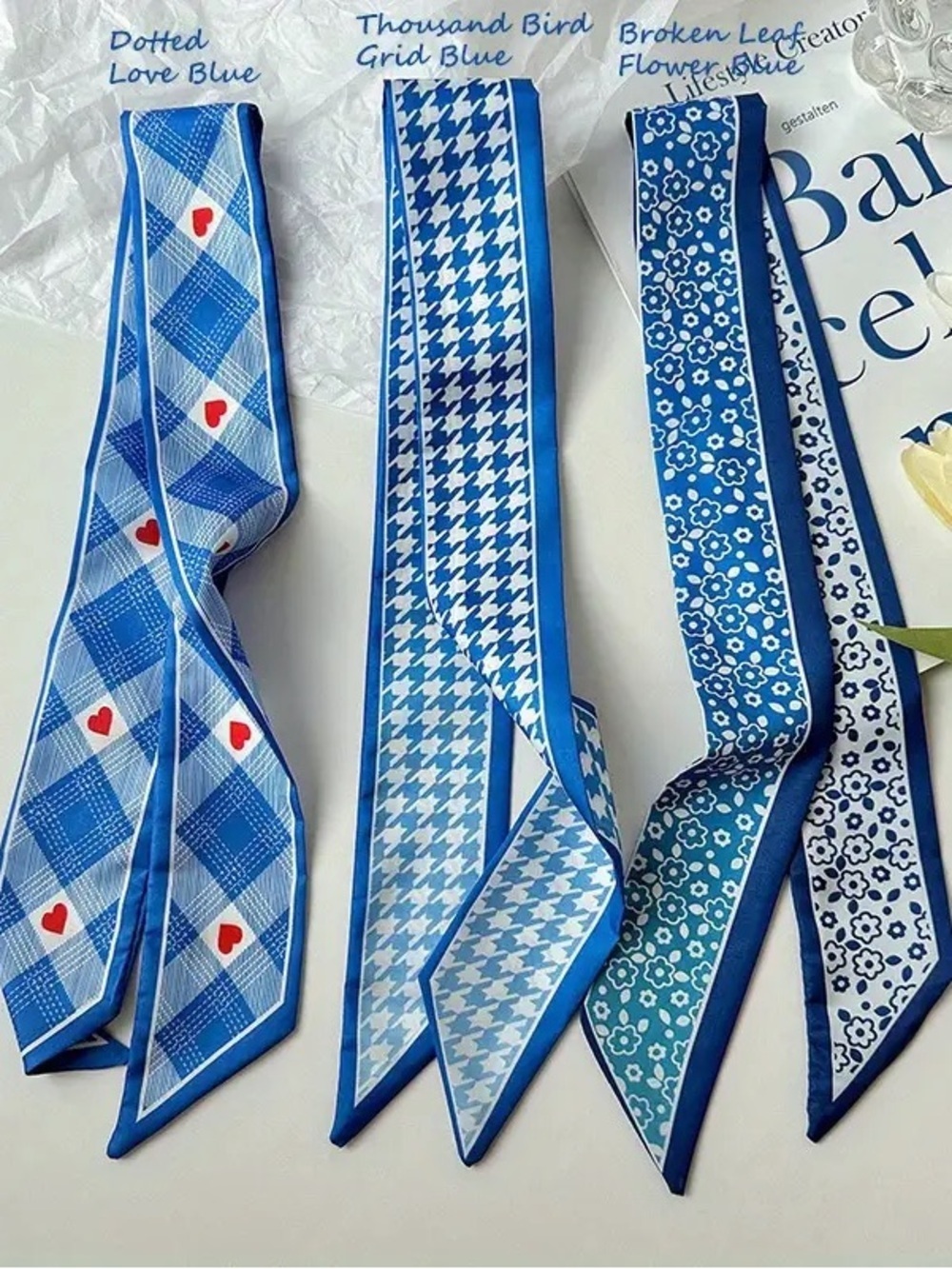 NWT Blue French Twilly Scarf Set of 3 Plaid Heart Floral Houndstooth Twillies